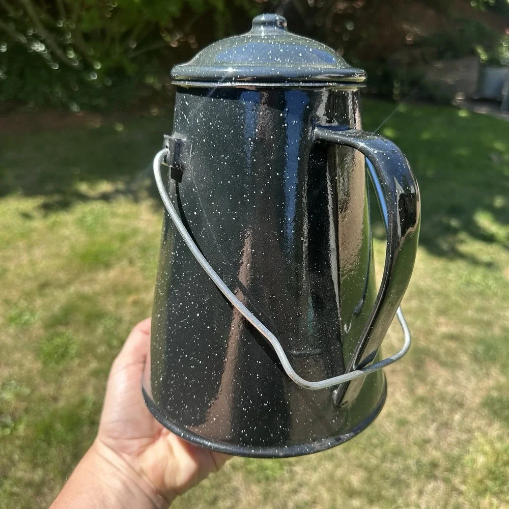 Vintage Black & White Speckled Enamelware Percolator Camping Cowboy Coffee Pot